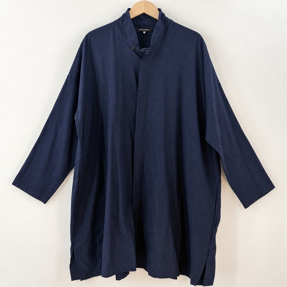 Eskandar Lagenlook Navy Cotton Tunic Shirt Women 1 Quiet Luxury Oversized Top
